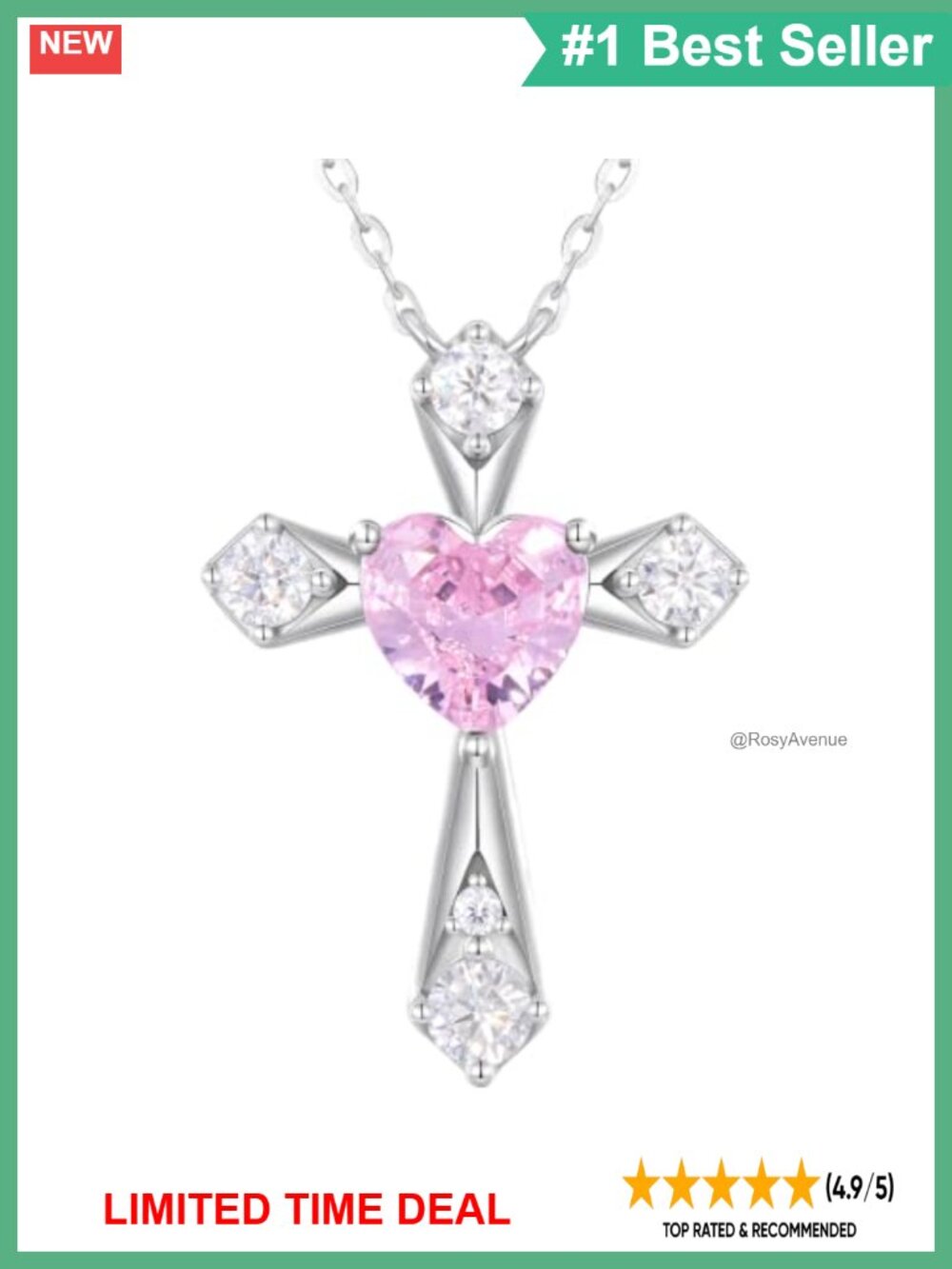 S925 Sterling Silver Cross Birthstone Necklace Heart Pendant 14K White Gold
